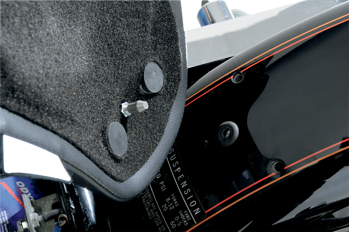 Drag Specialties EZ Mount Solo Seat for FXR motorcycle, durable and comfortable black seat with sleek design and sturdy mounting hardware.