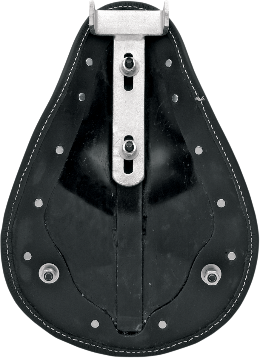 DRAG SPECIALTIES SEATS spring solo low-profile motorcycle seat in black leather with white stitching, compact and comfortable design.