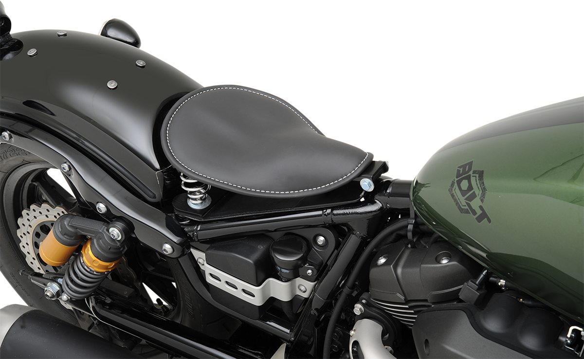 Black leather solo low-profile motorcycle seat with white stitching by Drag Specialties Seats, designed for small bikes.