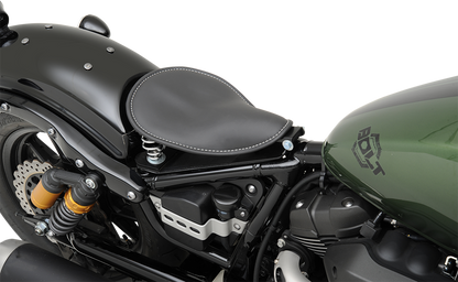 Black leather solo low-profile motorcycle seat with white stitching by Drag Specialties Seats, designed for small bikes.