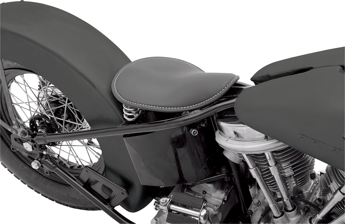 Black leather solo low-profile motorcycle seat with white stitching from DRAG SPECIALTIES SEATS, model 0806-0028.