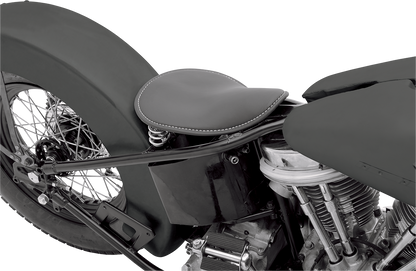 Black leather solo low-profile motorcycle seat with white stitching from DRAG SPECIALTIES SEATS, model 0806-0028.