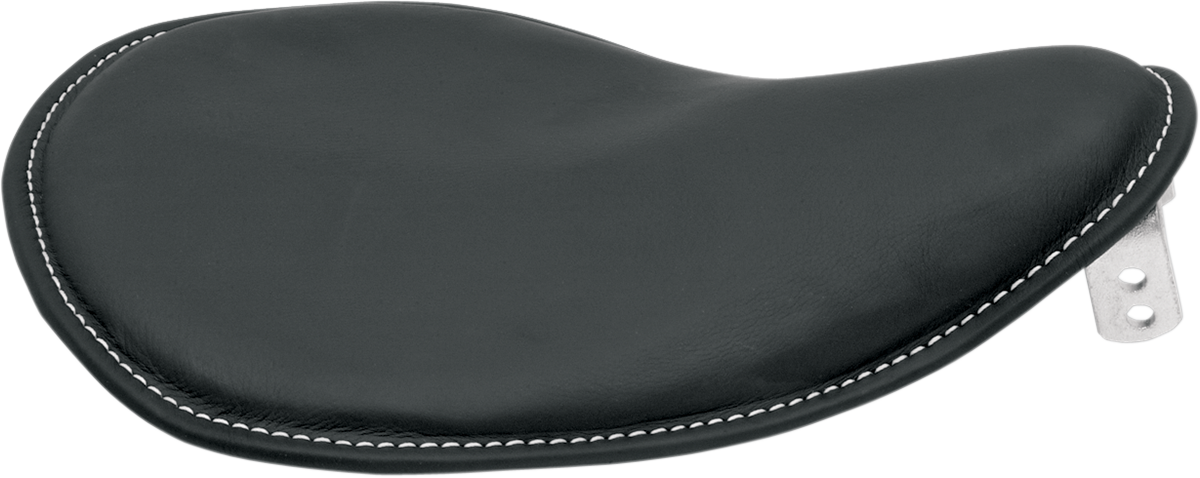 Black leather Drag Specialties Solo Low-Profile Seat with white stitching, designed for motorcycle, part 0806-0028