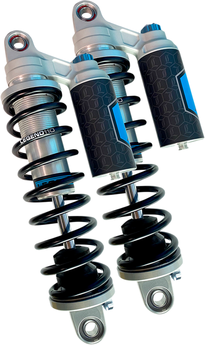 Legend Suspension Revo ARC piggyback shocks for 1984-2000 FXR, 14-inch heavy-duty suspension shocks with clear finish.