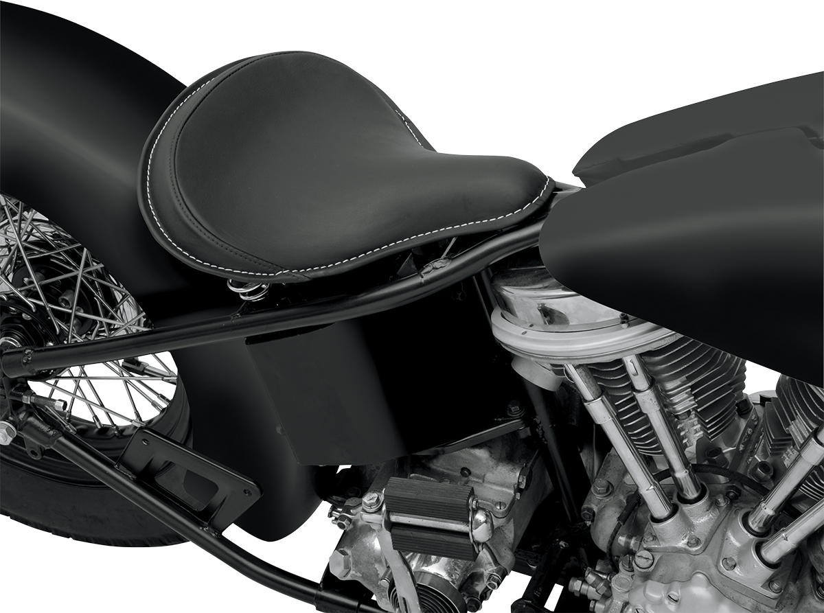 DRAG SPECIALTIES SEATS large black spring solo seat with solar-reflective leather and white perimeter stitching, part #0806-0048.