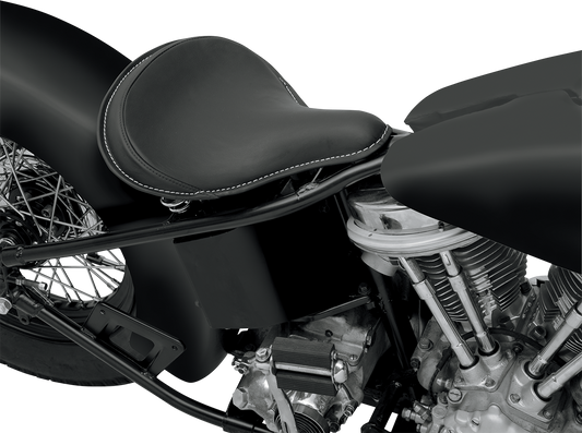 DRAG SPECIALTIES SEATS large black spring solo seat with solar-reflective leather and white perimeter stitching, part #0806-0048.