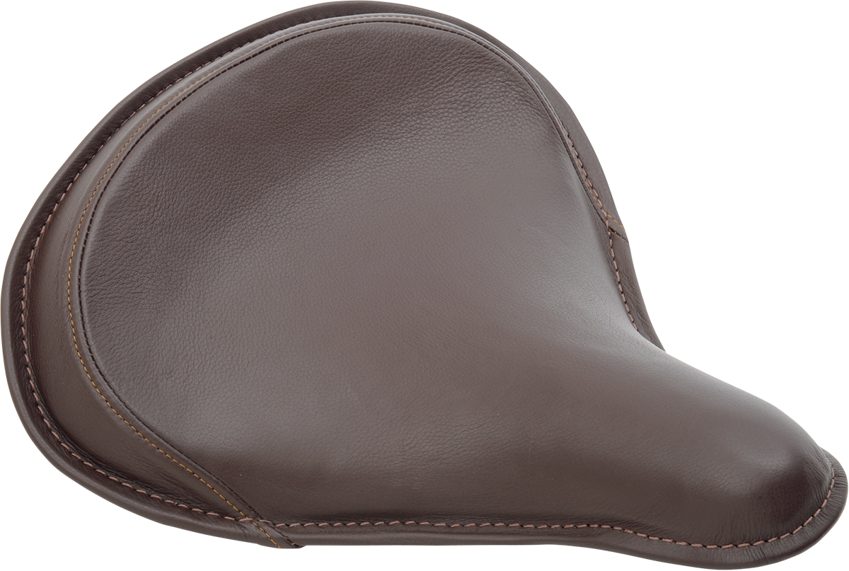 Large brown leather Drag Specialties solo seat with perimeter stitching and spring for motorcycle comfort and style.