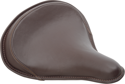 Large brown leather Drag Specialties solo seat with perimeter stitching and spring for motorcycle comfort and style.