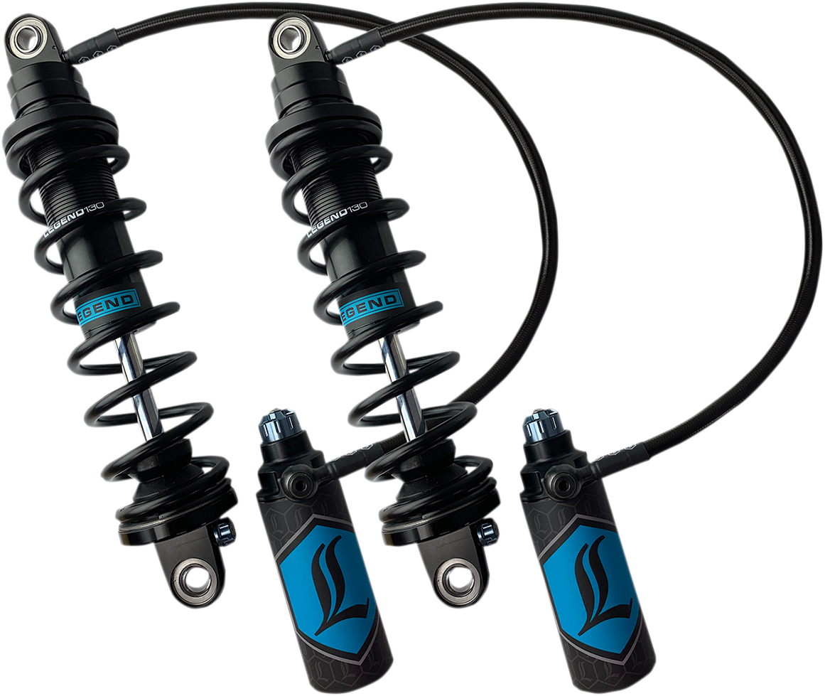 Legend Suspension Revo ARC remote reservoir shocks for touring motorcycles, 13-inch heavy-duty black suspension upgrade.