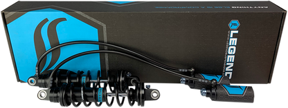 Legend Suspension Revo ARC remote reservoir shocks for touring motorcycles, 13-inch heavy-duty black suspension system.