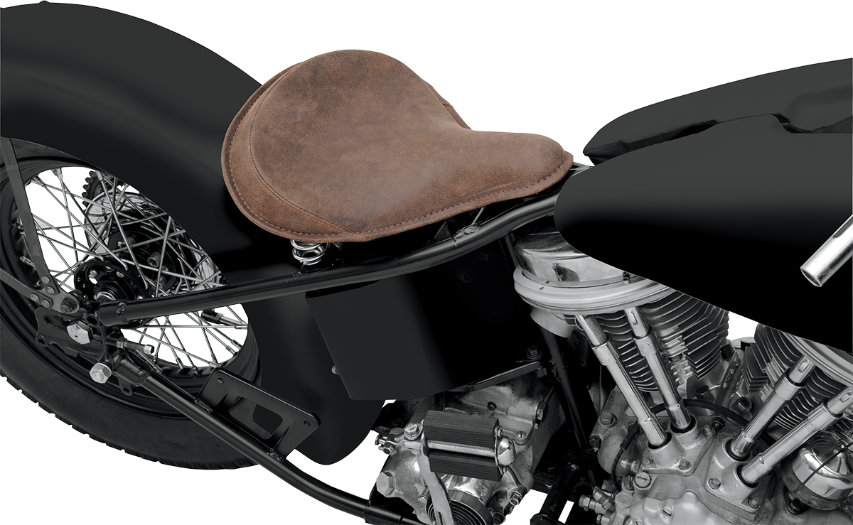 Drag Specialties large solo motorcycle seat with distressed brown leather and perimeter stitching for comfortable riding.