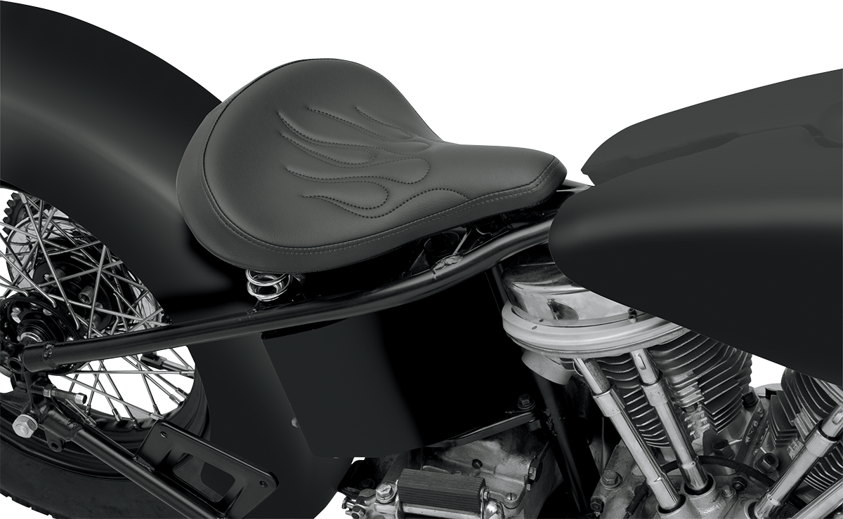 Black vinyl solo motorcycle seat with flame stitching by Drag Specialties Seats, featuring a large spring suspension for comfort.