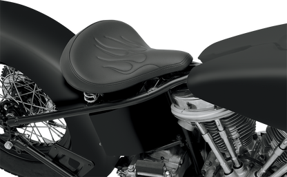 Black vinyl solo motorcycle seat with flame stitching by Drag Specialties Seats, featuring a large spring suspension for comfort.