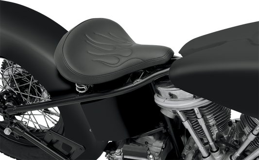 Black vinyl solo motorcycle seat with flame stitching by Drag Specialties Seats, featuring a large spring suspension for comfort.
