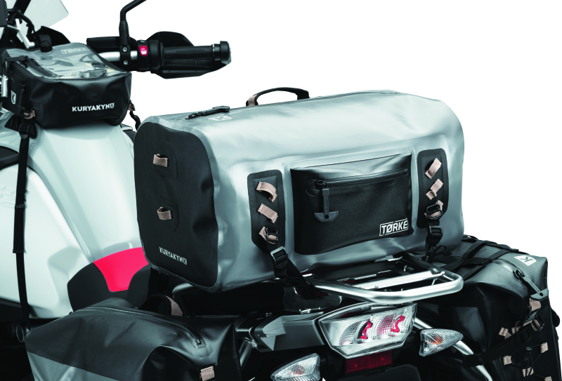 Kuryakyn Torke 35L dry duffle bag in black, waterproof gear storage for powersports, with adjustable straps and durable material.