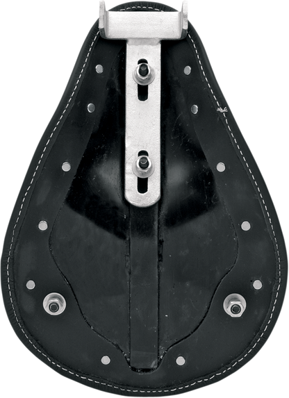 Drag Specialties solo low-profile motorcycle seat with black vinyl and white stitching, designed for comfortable riding.