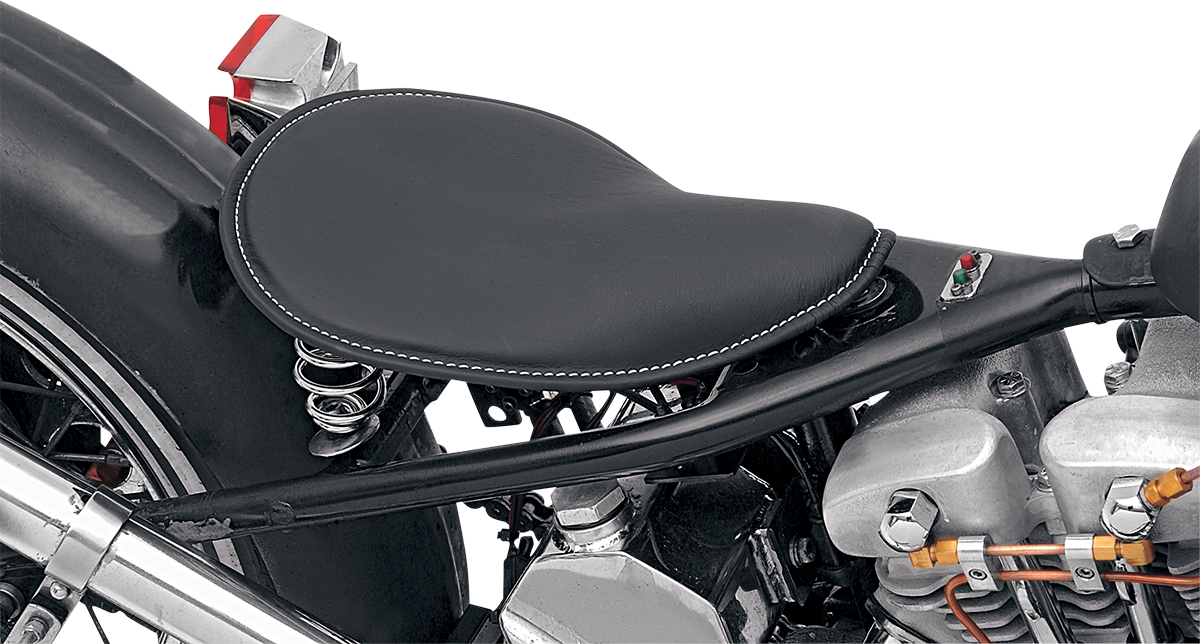 Drag Specialties low-profile solo motorcycle seat with black vinyl and white stitching, model 0806-0074, shown from above.