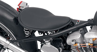 Drag Specialties low-profile solo motorcycle seat with black vinyl and white stitching, model 0806-0074, shown from above.