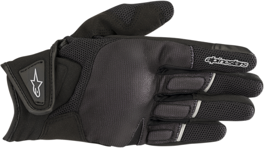 Alpinestars Stella Atom Black gloves in XL size, showing padded black motorcycle gloves with brand logo and adjustable wrist strap.