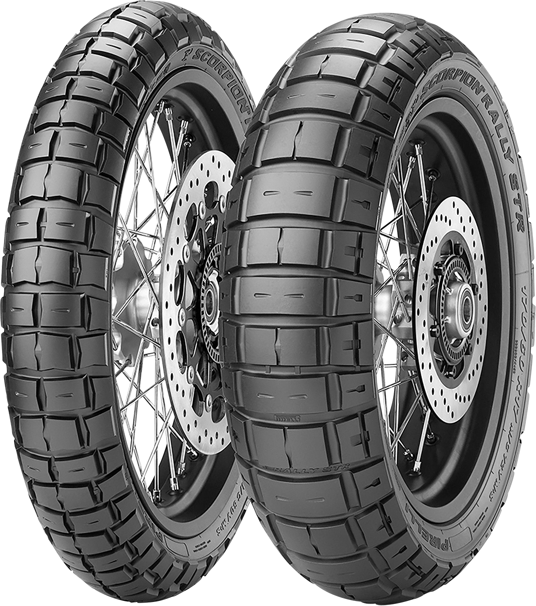 PIRELLI Scorpion™ Rally STR front tire 120/70-19 with rugged tread for off-road and on-road motorcycle performance.
