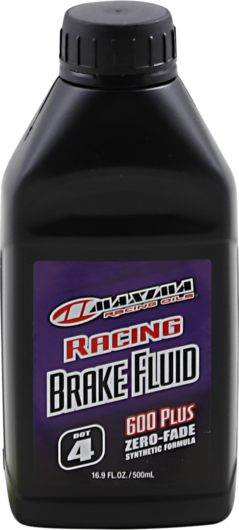MAXIMA RACING OIL Racing DOT 4 Brake Fluid bottle, 500 ml, with label and cap visible.