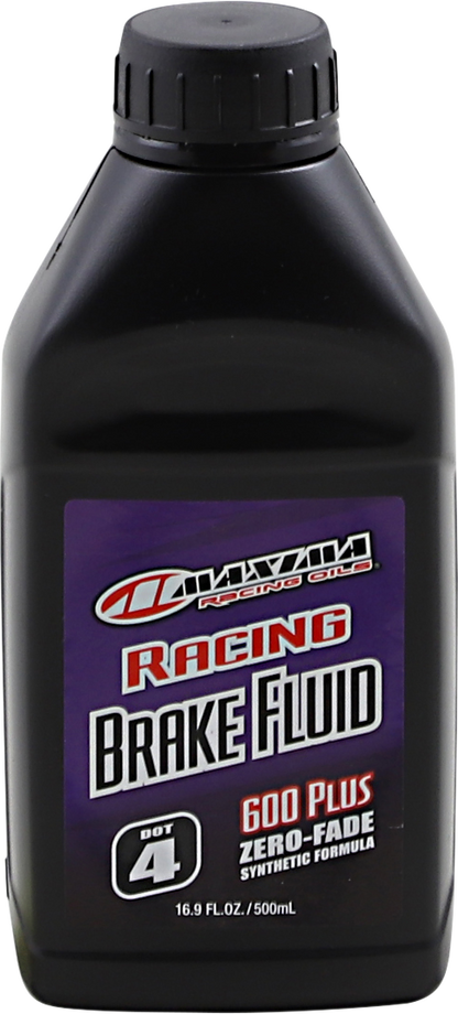 MAXIMA RACING OIL Racing DOT 4 Brake Fluid bottle, 500 ml, with label and cap visible.