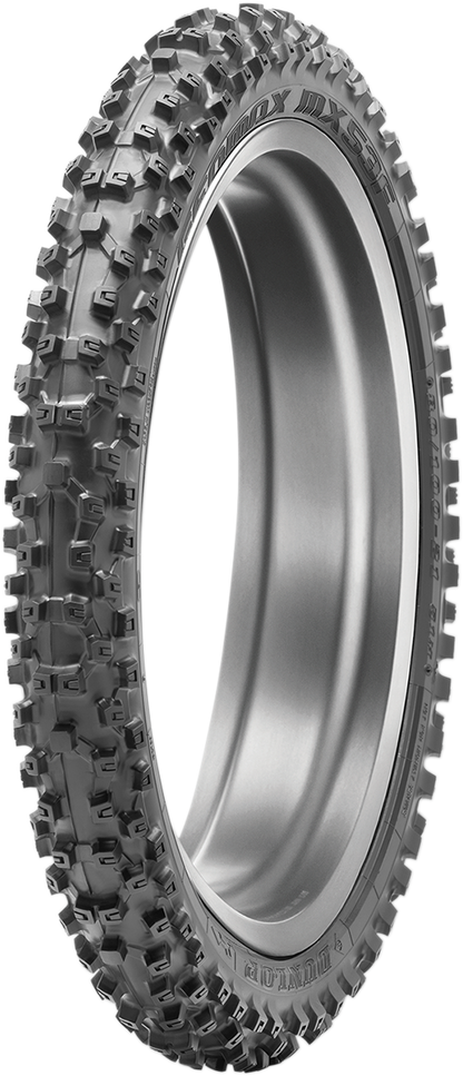 Dunlop Geomax MX53 front tire for motocross, 60/100-14 size, designed for intermediate-hard terrain riding.