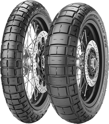 Pirelli Scorpion™ Rally STR rear motorcycle tire 180/55R17 73V for off-road and on-road riding, featuring rugged tread design.