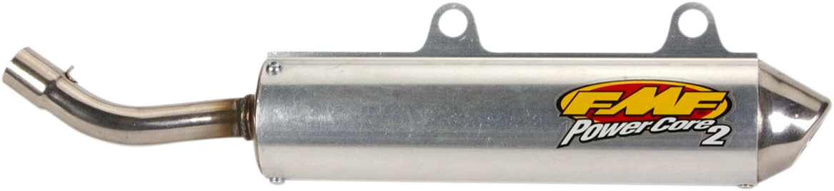 FMF Powercore 2 Silencer for 2-stroke engines, high-performance motorcycle exhaust system, shown in image with metallic finish.