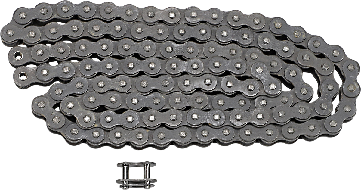 RK M420 standard chain with 112 links, heavy-duty alloy steel construction, designed for durable motorcycle or bike use.