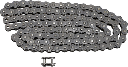 RK M420 standard chain with 112 links, heavy-duty alloy steel construction, designed for durable motorcycle or bike use.