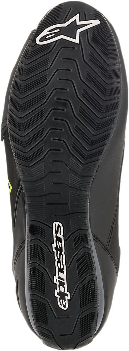 Alpinestars Faster-3 Drystar® motorcycle shoes in black, gray, and yellow, US size 13, with protective design and rugged sole.