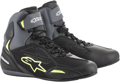 Alpinestars Faster-3 Drystar® motorcycle shoes in black, gray, and yellow with US size 13, featuring protective design.