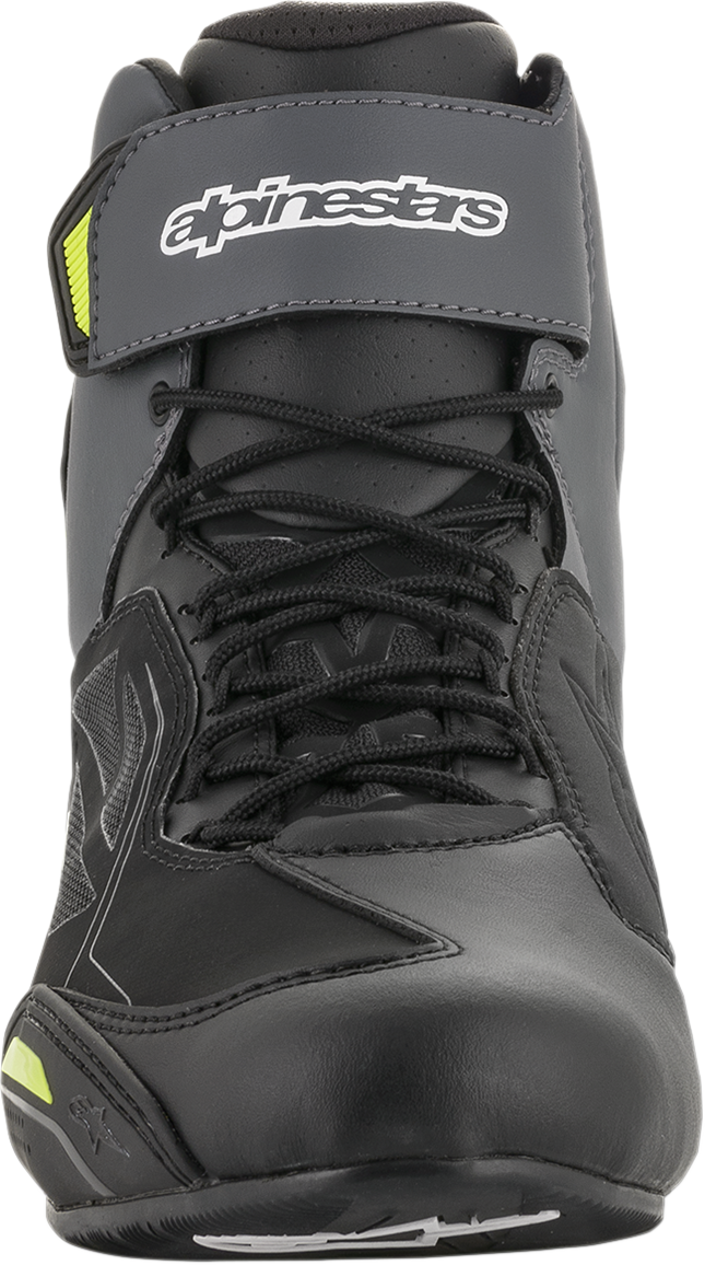 Alpinestars Faster-3 Drystar® motorcycle shoes in black, gray, and yellow with protective design, US size 14.