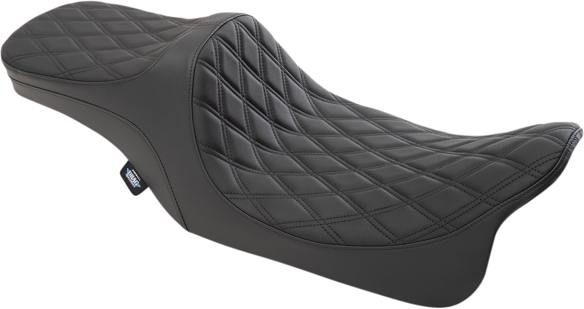 Drag Specialties Predator III 2-up motorcycle seat for Harley-Davidson FL 1999-2007, black with double diamond pattern and black stitching.