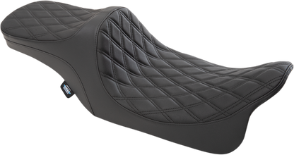 Drag Specialties Predator III 2-up motorcycle seat for Harley-Davidson FL 1999-2007, black with double diamond pattern and black stitching.