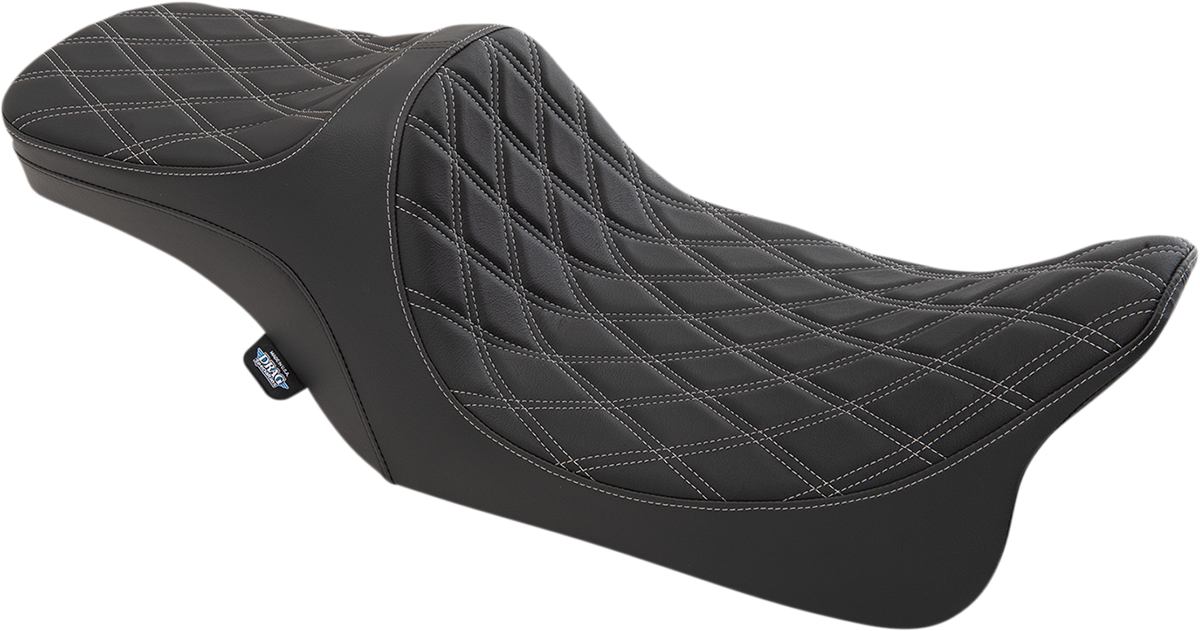 Drag Specialties Predator III 2-up seat for Harley-Davidson FL '99-'07, featuring double diamond silver thread design.