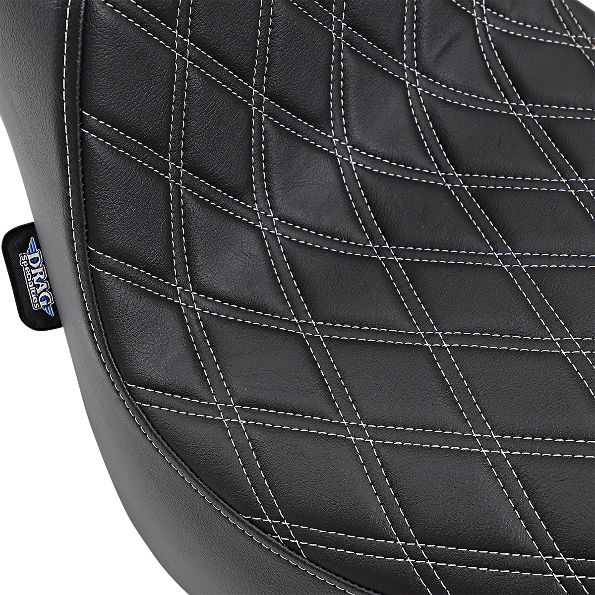 Drag Specialties Predator III motorcycle seat with silver double diamond stitching for FXFB/S '18-'23, shown from side view.