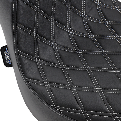 Drag Specialties Predator III motorcycle seat with silver double diamond stitching for FXFB/S '18-'23, shown from side view.