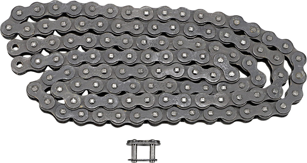 RK M420 standard motorcycle chain with 128 links, showing the durable metal links and connecting pins.
