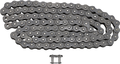 RK M420 standard motorcycle chain with 128 links, showing the durable metal links and connecting pins.