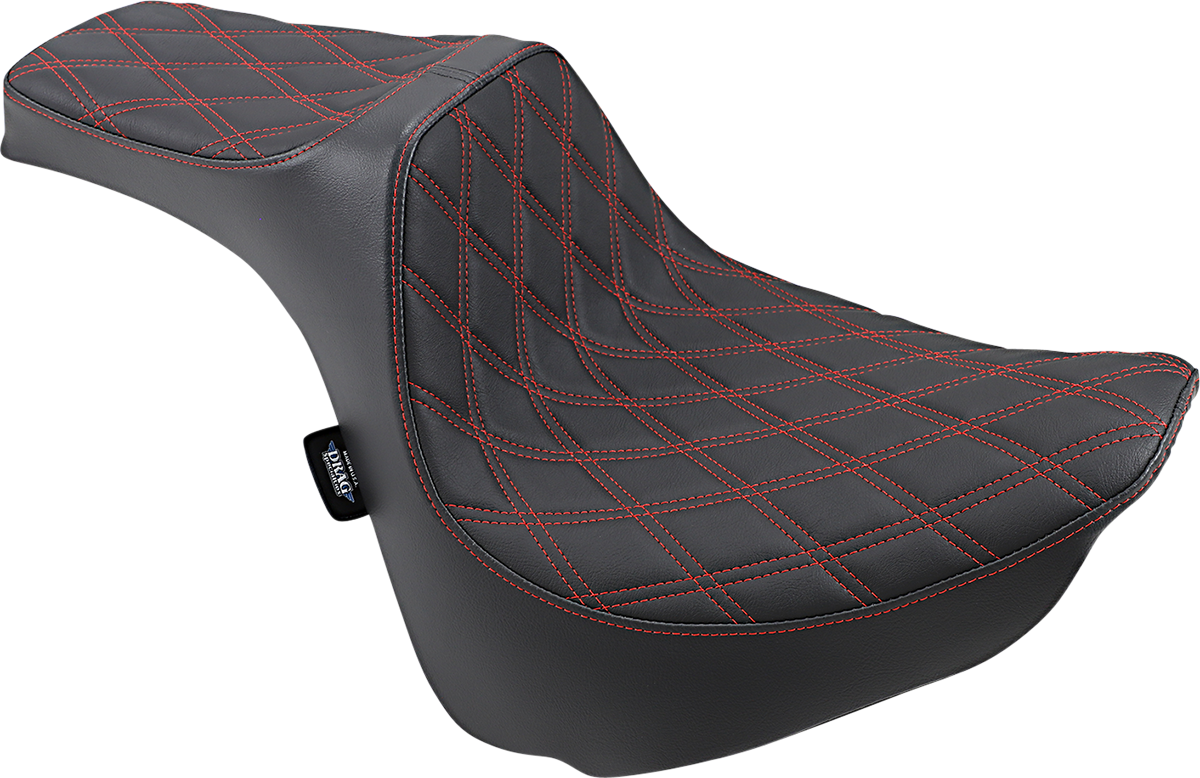Drag Specialties Predator III double diamond motorcycle seat with red stitching, designed for FXFB/S 2018-2023 models.