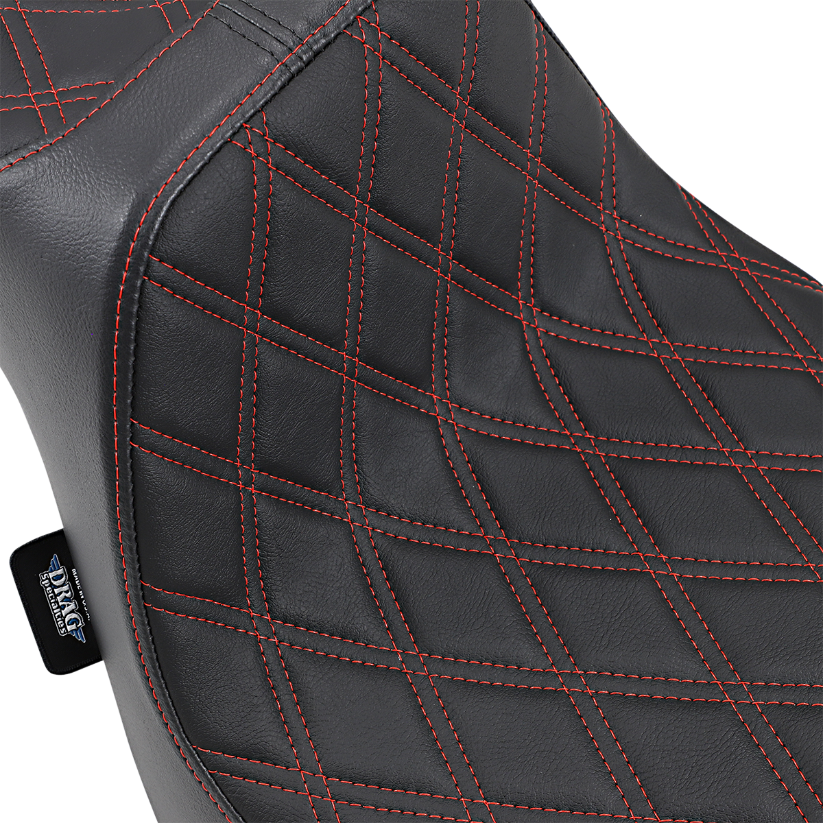 Drag Specialties Predator III double diamond motorcycle seat with red stitching for FXFB/S 2018-2023, featuring sleek design and padding.