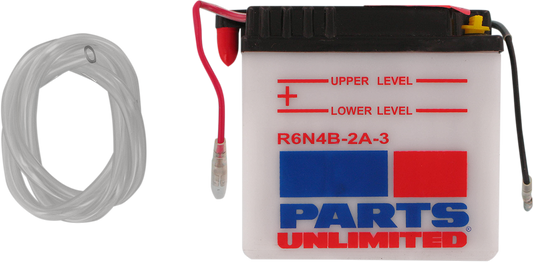 Parts Unlimited conventional motorcycle battery 6N4B-2A-3, reliable power source with visible terminals and battery casing.