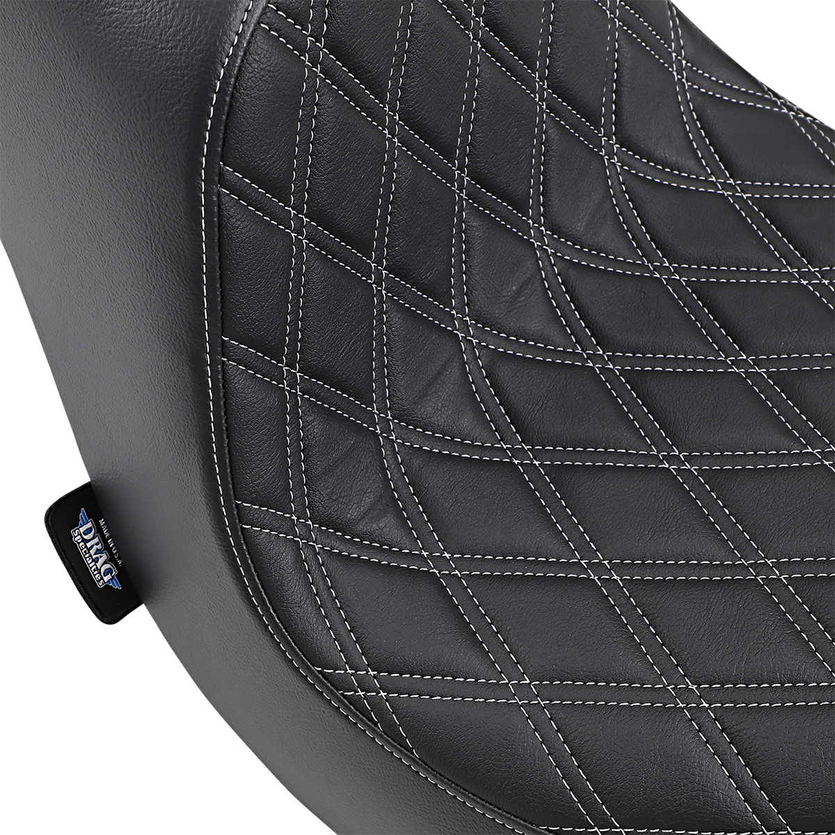 Drag Specialties Predator III seat with silver diamond stitching for Harley FLFB 2018-2025, showing the stylish, contoured motorcycle seat.