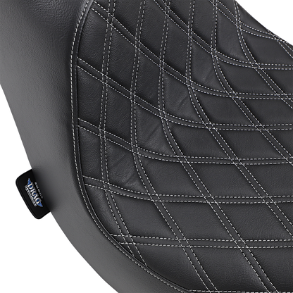 Drag Specialties Predator III seat with silver diamond stitching for Harley FLFB 2018-2025, showing the stylish, contoured motorcycle seat.