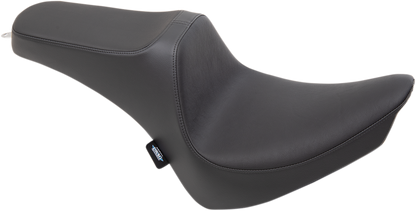Black Predator III seat by Drag Specialties for Harley FX/FL 2000-2017, smooth black motorcycle seat for enhanced comfort and style.