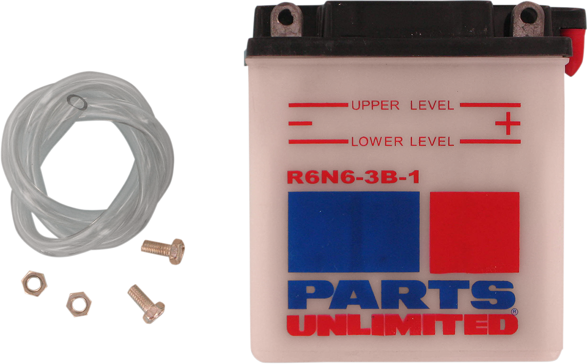Parts Unlimited 6N6-3B-1 conventional motorcycle and powersports vehicle battery, shown with terminals and case.
