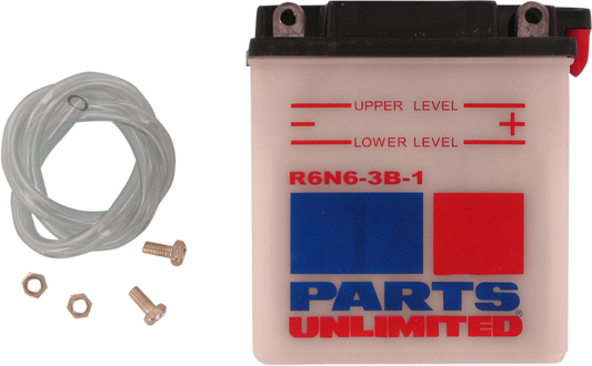 Parts Unlimited 6N6-3B-1 conventional motorcycle and powersports vehicle battery, shown with terminals and case.