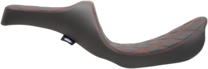 Drag Specialties Predator III double diamond motorcycle seat with red stitching for FXD/FLD models 2006-2017, part number 0803-0604.